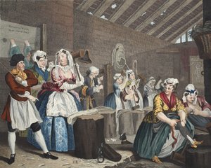 Egy szajha fejlődése, lV. tábla: Jelenet Bridewellben, illusztráció a „Hogarth Restored: The Whole Works of the híres William Hogarth, újrametszett Thomas Cook” című kocsmából. 1812 (kézzel színezett metszet
