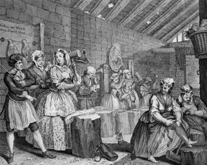 A parázna haladás, IV. tábla, jelenet a menyasszonyi kútban alkotó: William Hogarth