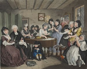 Egy szajha fejlődése, VI. tábla, illusztráció a „Hogarth Restored: The Whole Works of the híres William Hogarth, re-graves by Thomas Cook”, pub. 1812 (kézzel színezett metszet)