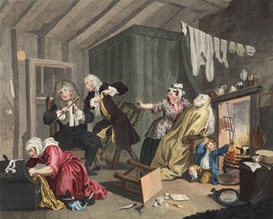 Egy szajha fejlődése, V. tábla, illusztráció a „Hogarth Restored: The Whole Works of the híres William Hogarth, re-graves by Thomas Cook”, pub. 1812 (kézzel színezett metszet)