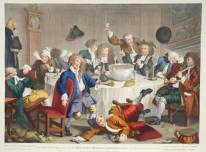 A Midnight Modern Conversation, illusztráció a "Hogarth Restored: The Whole Works of the Celebrated William Hogarth, re-engraved by Thomas Cook", pub. 1812 (kézzel színezett metszet) alkotó: William Hogarth