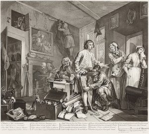 A gereblye fejlődése, 1. tábla: A gereblye birtokba vétele / Der Weg eines Liederlichen, Blatt 1: Die Erbschaft. 1735 alkotó: William Hogarth