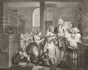 A gereblye? S Progress, 5. tábla: The Rake Marrying an Old Woman / The Path of a Dissolute, Sheet 5: Tom Rakewell feleségül vesz egy gazdag öregasszonyt). 1735 alkotó: William Hogarth