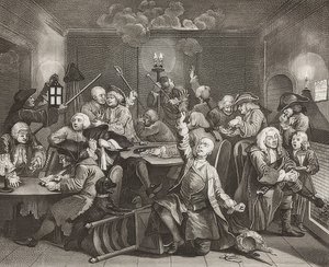 A Rake S Progress, 6. tábla: A rake egy játékházban, 6. lap: Tom Rakewell egy szerencsejáték barlangban. 1735 alkotó: William Hogarth