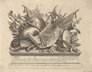 Fegyverállvány, hangszerek stb., 1749-50. március. alkotó: William Hogarth