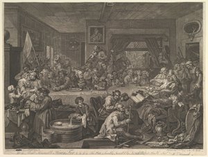 Választási mulatság, I. tábla: Egy választás négy lenyomata, 1755. február 24. alkotó: William Hogarth