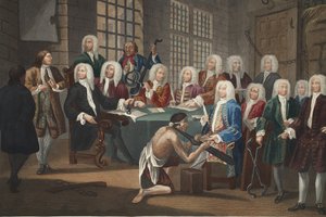 Bambridge ellen gyilkosság vádjával pert indított az alsóház egyik bizottsága, illusztráció a „Hogarth Restored: The Whole Works of the híres William Hogarth, újrametszett Thomas Cook” című kocsmából. 1812 (kézzel színezett metszet) alkotó: William Hogarth