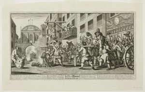 A Rumps égetése a Temple Barban, tizenegyes tányér a Hudibrasból alkotó: William Hogarth