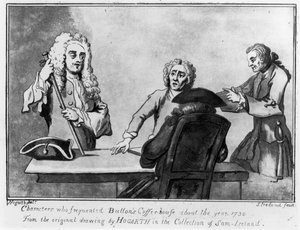 Buttons Coffee House, 1730 (toll és tinta, mosás papíron) alkotó: William Hogarth
