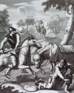 Don Quijote megragadja a borbély pálcáját Mambrino sisakjáért alkotó: William Hogarth