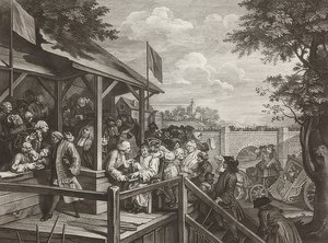 Egy választás négy lenyomata / Az általános választások. 3. lap: Szavazás / Szavazás. 1758 alkotó: William Hogarth
