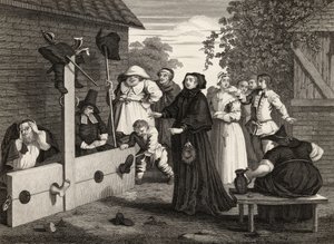 Hudibras és Ralpho a készletekben, Samuel Butler (1612-80) „Hudibras” című művéből, J. Romney metszete, „William Hogarth műveiből”, 1833. alkotó: William Hogarth