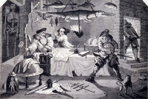 Hudribas megtámadja Sidrophel asztrológust és inasát, Whacumot. William Hogarth (1697-1764) metszete Samuel Butler (17. század) „Hubridas” című verséhez. 1725 körül alkotó: William Hogarth