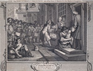 Ipar és tétlenség: Prentice Married (vonalmetszet papírra) alkotó: William Hogarth