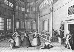 Egy török mecset belsejében, illusztráció Aubry de la Mottraye „Utazások Európán, Ázsián és Afrika egy részébe” című művéből, 1723-ban megjelent alkotó: William Hogarth