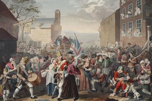 March of the Guard to Finchley, illusztráció a „Hogarth Restored: The Whole Works of the híres William Hogarth, re-graves by Thomas Cook”, pub. 1812 (kézzel színezett metszet) alkotó: William Hogarth