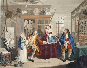 Marriage a la Mode, III. tábla, The Inspection, illusztráció a „Hogarth Restored: The Whole Works of the híres William Hogarth, re-graves by Thomas Cook”, pub. 1812 (kézzel színezett metszet) alkotó: William Hogarth