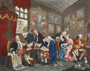 Marriage a la Mode, I. tábla, The Marriage Settlement, illusztráció a „Hogarth Restored: The Whole Works of the híres William Hogarth, re-graves by Thomas Cook”, pub. 1812 (kézzel színezett engr alkotó: William Hogarth