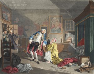 Marriage a la Mode, V. tábla, The Bagnio, illusztráció a "Hogarth Restored: The Whole Works of the Celebrated William Hogarth, re-engraved by Thomas Cook", pub. 1812 (kézzel színezett metszet) alkotó: William Hogarth