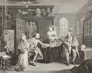 Házasság à la Mode / házasság a divat szerint. 3. lap: Az ellenőrzés / The Count and the Quack. 1745 alkotó: William Hogarth