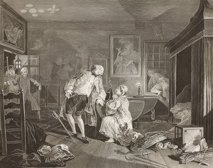 Házasság à la Mode / házasság a divat szerint. 5. lap: A Bagnio / A gróf elesik egy párbajban. 1745 alkotó: William Hogarth