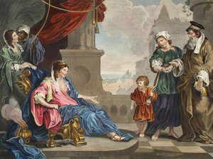 Mózes hozott a fáraó lányának, illusztráció a „Hogarth Restored: The Whole Works of the híres William Hogarth, újrametszett Thomas Cook” című kocsmából. 1812 (kézzel színezett metszet) alkotó: William Hogarth