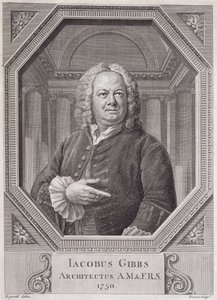James Gibbs (1682-1754) portréja a "Radcliffe-könyvtár tervei, részei és domborzatai" című könyvből, Bernard Baron (1696-1766 körül) metszet, 1750 alkotó: William Hogarth