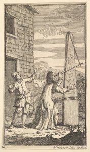 Sidrophel a sárkányt vizsgálja távcsövén keresztül. Tizenhét kis illusztráció a S... számára, 1721-26. alkotó: William Hogarth
