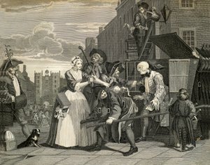 Utcai jelenetek Londonban, William Hogarth (1697-1764), metszet, Anglia alkotó: William Hogarth