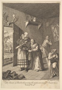 A kurátor és a borbély álcázzák magukat, hogy közvetítsék a Don Quijote otthon hatodik évét..., 1756 vagy azután. alkotó: William Hogarth