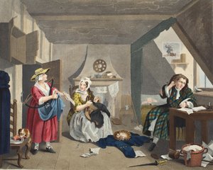 The Distressed Poet, illusztráció a „Hogarth Restored: The Whole Works of the híres William Hogarth, újrametszette Thomas Cook”, pub. 1812 (kézzel színezett metszet) alkotó: William Hogarth