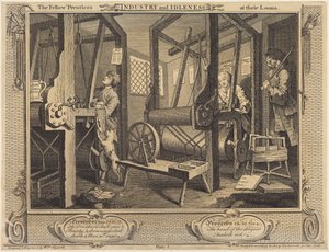 A segédinasok a szövőszékeiknél alkotó: William Hogarth