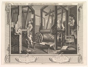 The Fellow Prentices at their Loooms Industry and Idleness, 1. lemez, 1747. szeptember 30. alkotó: William Hogarth