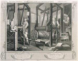 The Fellow „Prentices at their Loooms”, „Ipar és tétlenség” I. táblája, 1833-ban (metszet) alkotó: William Hogarth
