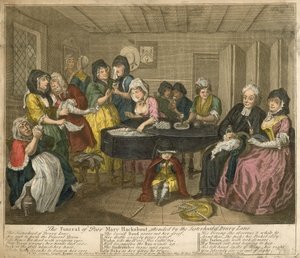 Szegény Mary Hackabout temetése, amelyen részt vett Drury Lane testvérisége is alkotó: William Hogarth