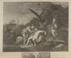 Az irgalmas szamaritánus, J. M. Delatre és Simon Francis Ravenet metszete, kiadó: John Boydell (1719-1804) 1772