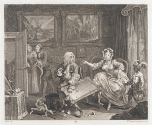 A parázna védelmezőt talál, tervezték 1732, nyomtatott 1744 (Rézkarc és metszet) alkotó: William Hogarth