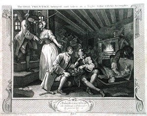Az 1833-ban kiadott The Idle „Prentice Betrayed by a Prostitute”, „Ipar és tétlenség” IX. táblája, 1833-ban (metszet) alkotó: William Hogarth