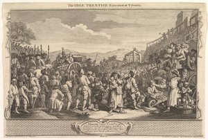 The Idle Prentice Executed at Tyburn: Industry and Idleness, 11. tábla, 1747. szeptember 30. alkotó: William Hogarth