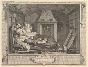 A tétlen prentice visszatért a tengerből és egy pajzsban egy közös prostituálttal..., 1747. szeptember 30. alkotó: William Hogarth