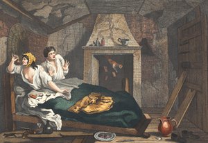 A tétlen „Prentice visszatért a tengerről, és egy garretben egy közös prostituálttal”, „Ipar és tétlenség” VII. lemeze, illusztráció a „Hogarth Restored: The Whole Works of the híres William Hog” című könyvből alkotó: William Hogarth