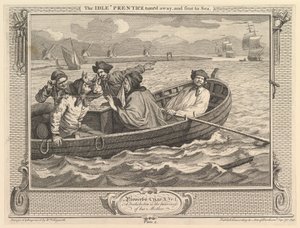 The Idle Prentice Turned Away and Sent to Sea: Industry and Idleness, 5. lemez, 1747. szeptember 30. alkotó: William Hogarth