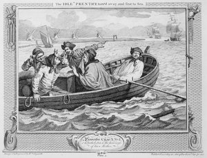 A tétlen „Prentice elfordult és tengerre küldött”, „Ipar és tétlenség” V. lemeze, 1747 alkotó: William Hogarth