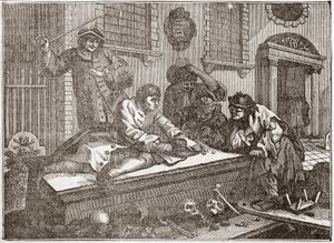 A tétlen tanítvány játékban a templom udvarán, isteni szolgálat közben – Lemez William Hogarth (1697-1764) brit illusztrátor 12 metszetből álló sorozatából, „Ipar és tétlenség”, „A zele és a lustaság” címmel. elmesélve két pályafutását a alkotó: William Hogarth