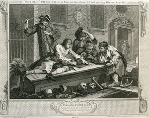 A tétlen „Prantice játékban a templom udvarán isteni szolgálat közben”, „Ipar és tétlenség” III. lemeze, 1833-ban. alkotó: William Hogarth