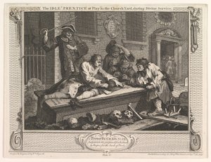 The Idle Prentice at Play in the Church Yard Industry and Idleness, 3. tábla, 1747. szeptember 30. alkotó: William Hogarth