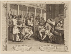 A szorgalmas „Londoni Alderman pap: A tétlen, akit elé állított, és bűntársa vád alá helyezte alkotó: William Hogarth