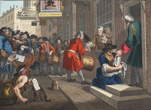 A szorgalmas „Prantice az idejéből, és feleségül vette mestere lányát, az „Ipar és tétlenség” VI. táblája, illusztráció a „Hogarth Restored: The Whole Works of the híres William Hoga” című könyvből alkotó: William Hogarth