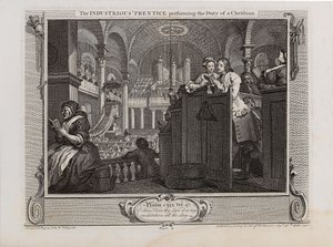 A szorgalmas pap, aki a keresztény kötelességét teljesíti. Ipar és tétlenség sorozat, 1747. alkotó: William Hogarth
