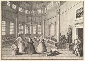 A mecset belseje, a táncoló dervisek Aubry de La Mottrayes átutazik..., 1723-24. alkotó: William Hogarth